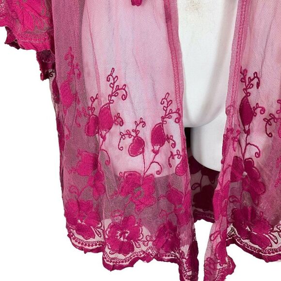 Dee Elly Pink Lace Embroidered Open Sheer Coverup Top Jacket Floral Fairy sz S - Picture 4 of 16